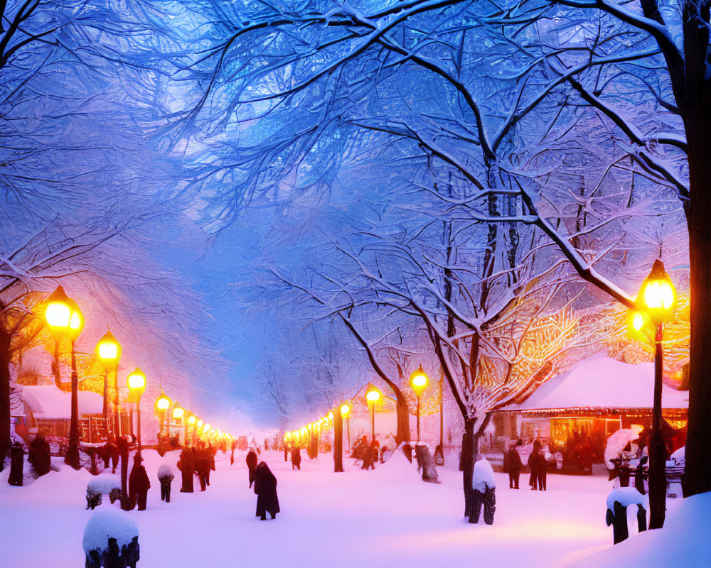 Snow-covered park at dusk with glowing lampposts and frosted trees.