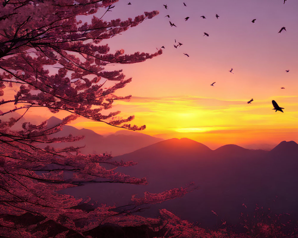 Colorful sunset with cherry blossoms, mountains, and birds in the sky