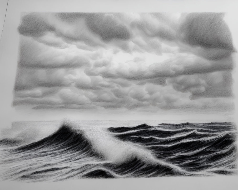 Graphite drawing of stormy sea with pencils beside it