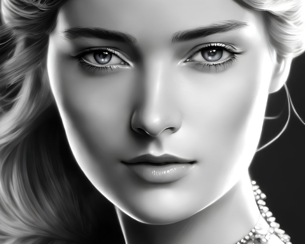 Monochrome portrait of woman with captivating eyes and elegant jewelry