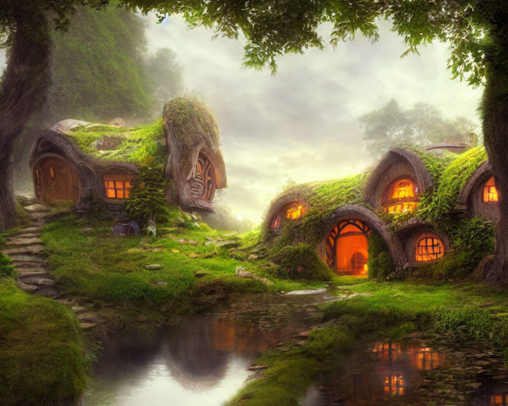 Fairy-tale Thatched Roof Cottages in Green Landscape