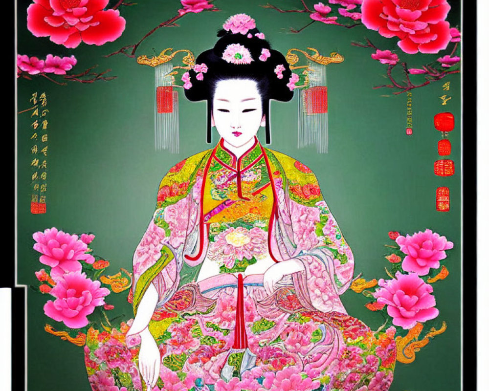 Traditional Chinese art style woman illustration with pink flowers on green background