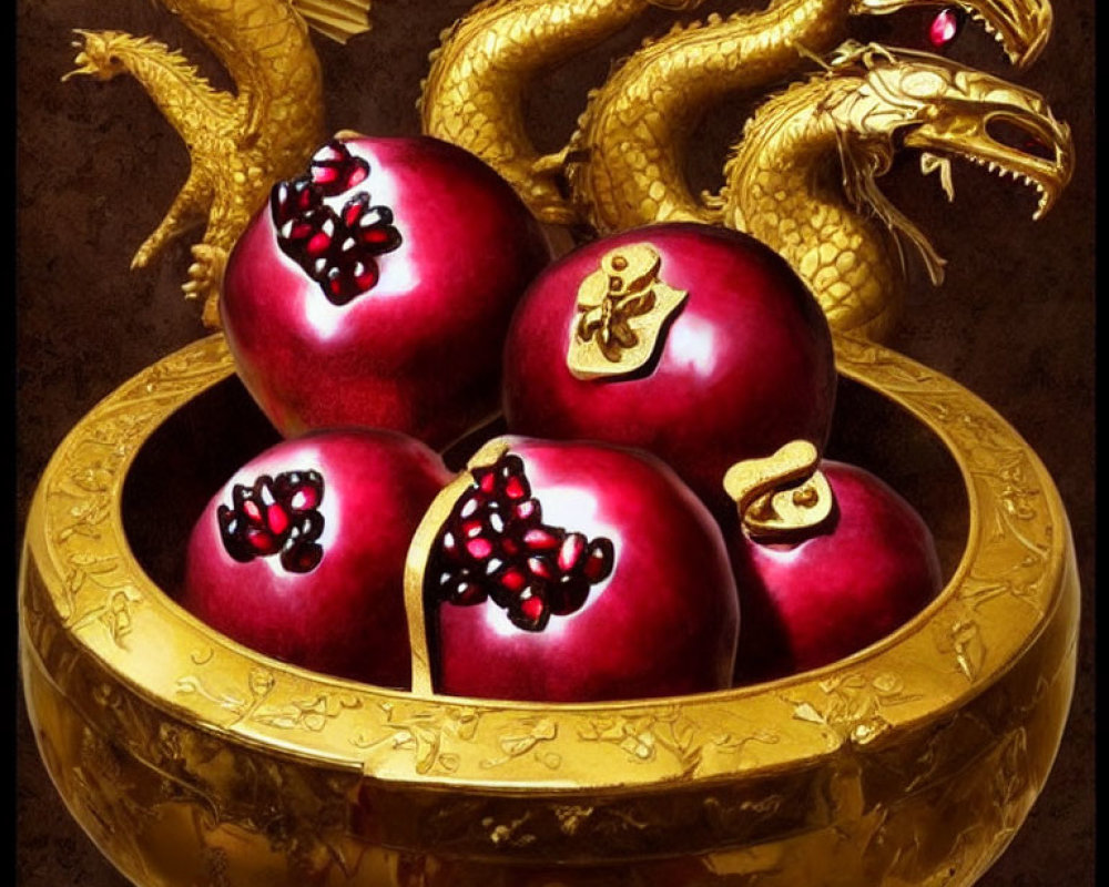 Golden dragon-embellished bowl with Chinese characters holding pomegranates on dark background