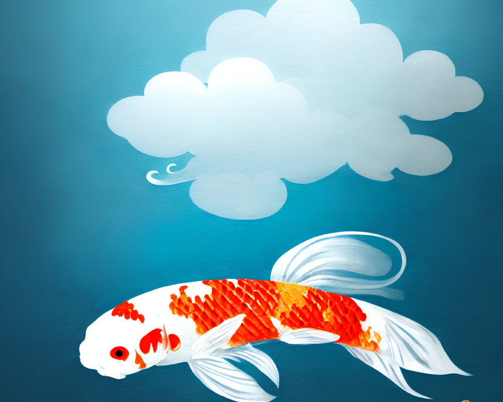 Colorful koi fish swimming towards cloud on blue gradient background