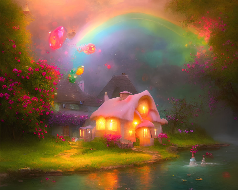 Cozy cottage by river with glowing windows, rainbow, and lanterns