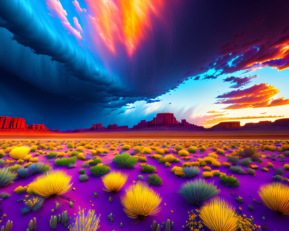 Colorful landscape with purple fields, yellow wildflowers, and red rock formations.