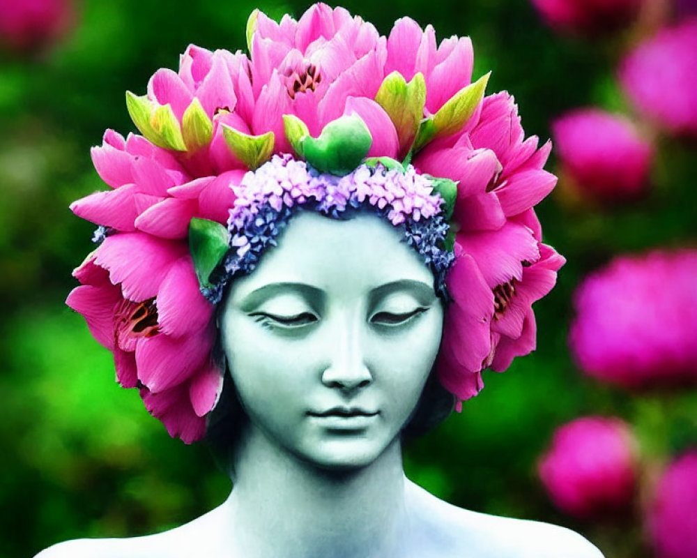 Serene statue with closed eyes and pink lotus crown in lush green setting