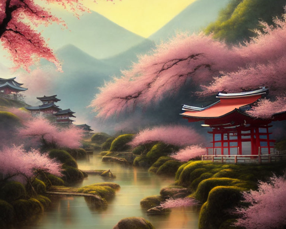 Tranquil Cherry Blossom Landscape with River and Traditional Buildings