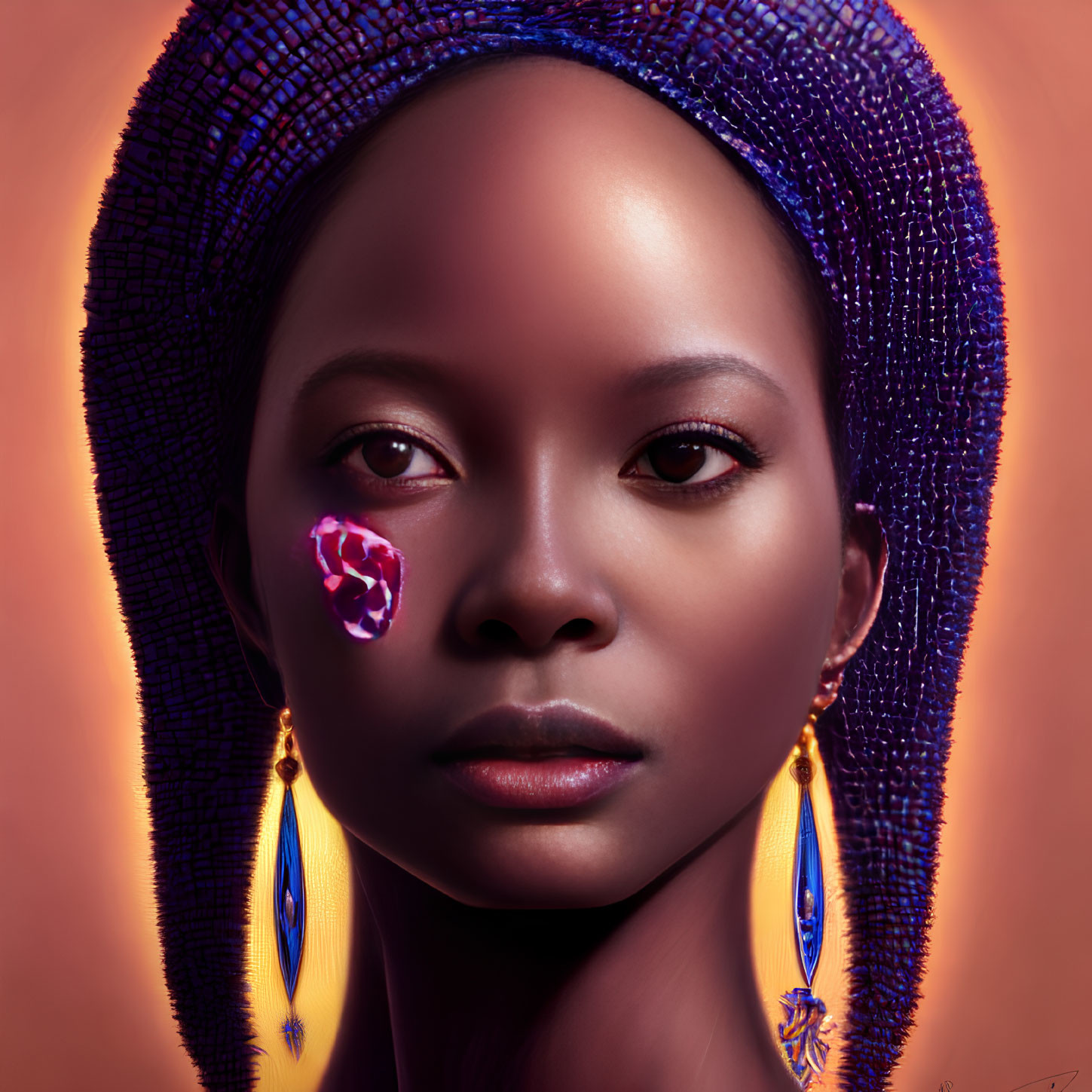 Portrait of Woman with Blue Headwrap, Golden Earrings, Purple Petal on Cheek, Amber