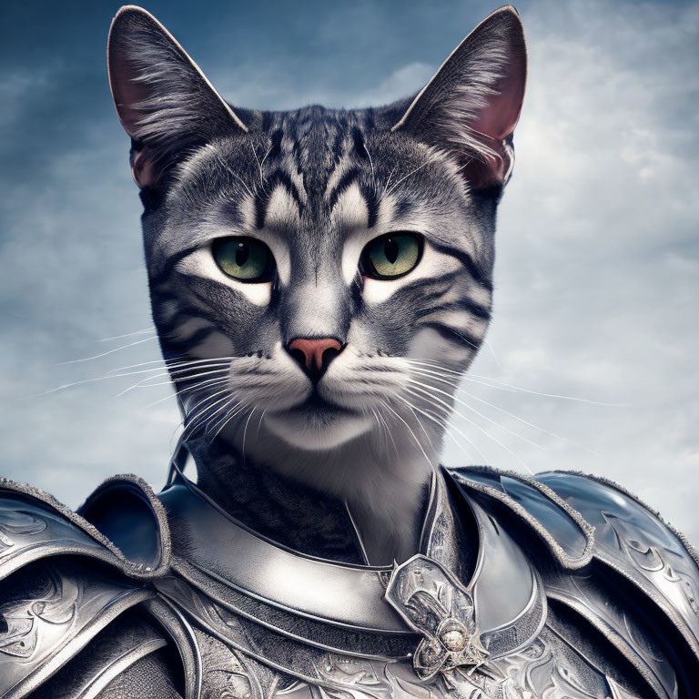 Cat in knight's armor against cloudy sky background