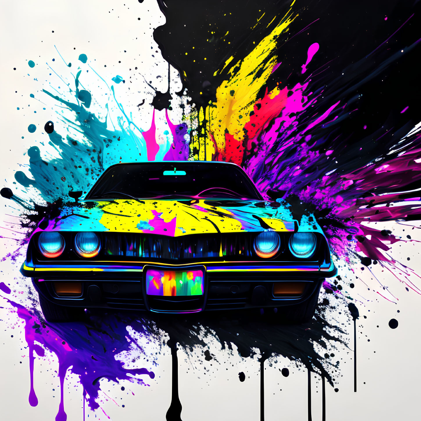 Colorful neon paint splatters on classic car artwork