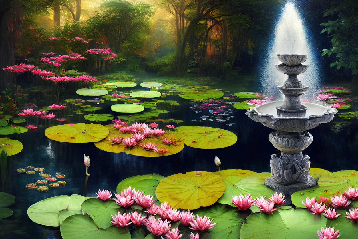 Tranquil pond with water lilies, lotuses, and stone fountain in misty forest