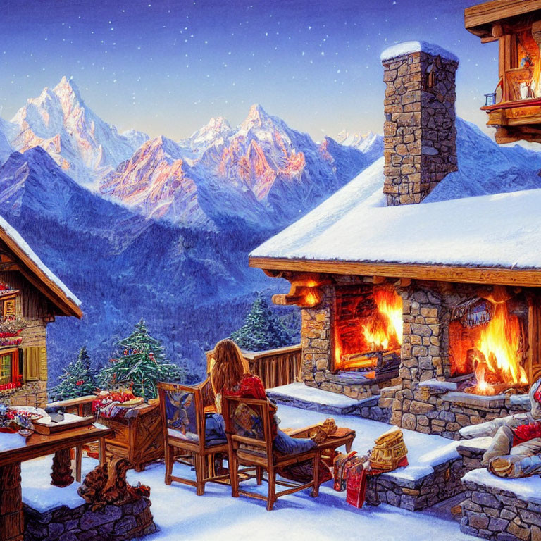 Person on Christmas-decorated porch with snowy mountain view at sunset