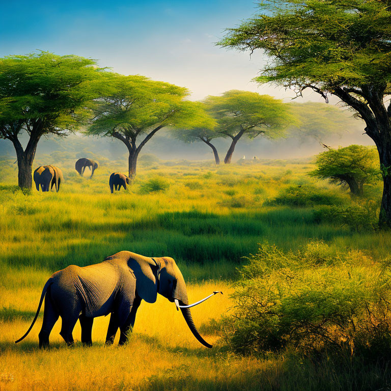 African Savanna Scene: Elephants and Acacia Trees