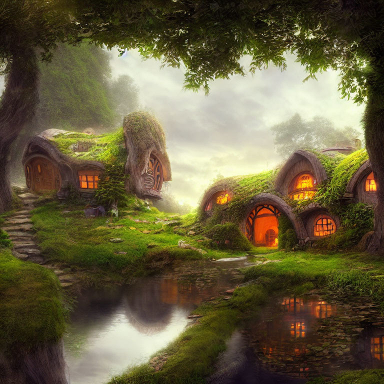 Fairy-tale Thatched Roof Cottages in Green Landscape