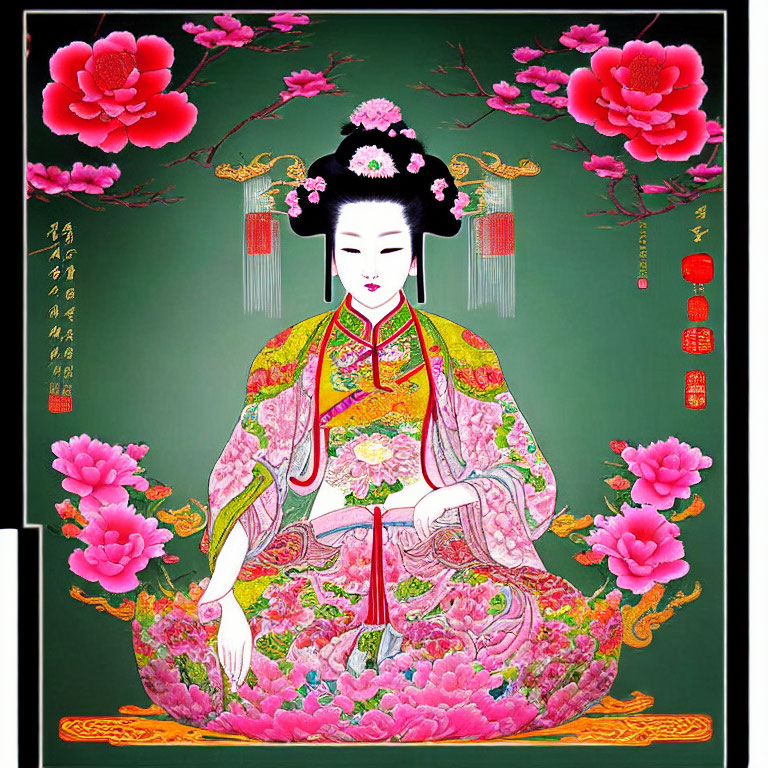 Traditional Chinese art style woman illustration with pink flowers on green background