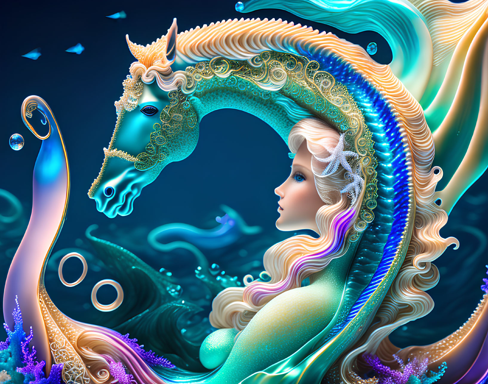 Illustration of woman merging with sea unicorn in surreal underwater scene