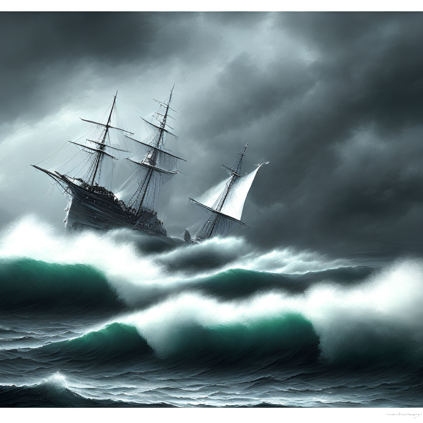 Stormy seas: Two sailing ships in dramatic scene