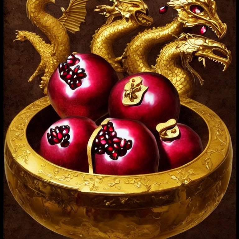 Golden dragon-embellished bowl with Chinese characters holding pomegranates on dark background