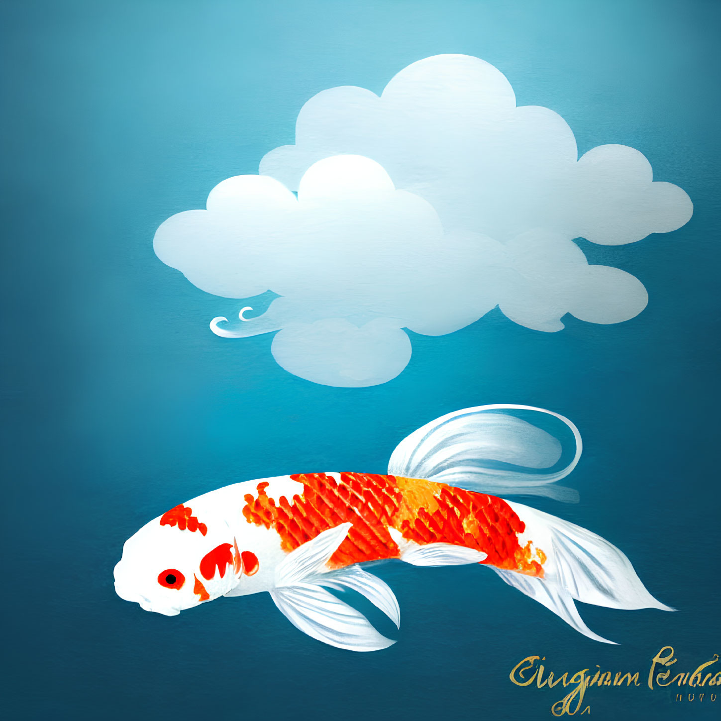 Colorful koi fish swimming towards cloud on blue gradient background