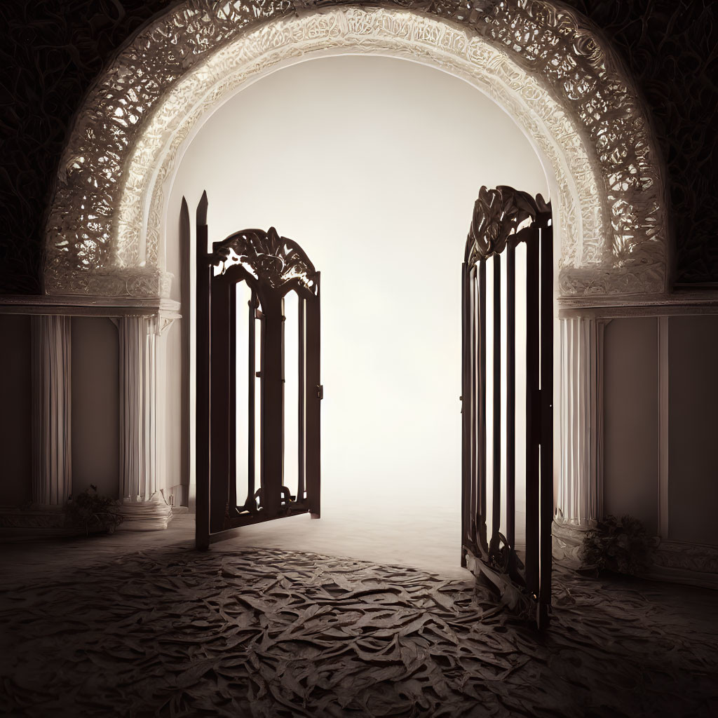 Ornate Open Doorway Revealing Bright, Leaf-Covered Room