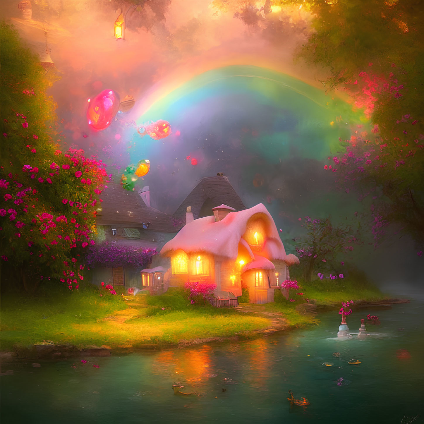 Cozy cottage by river with glowing windows, rainbow, and lanterns