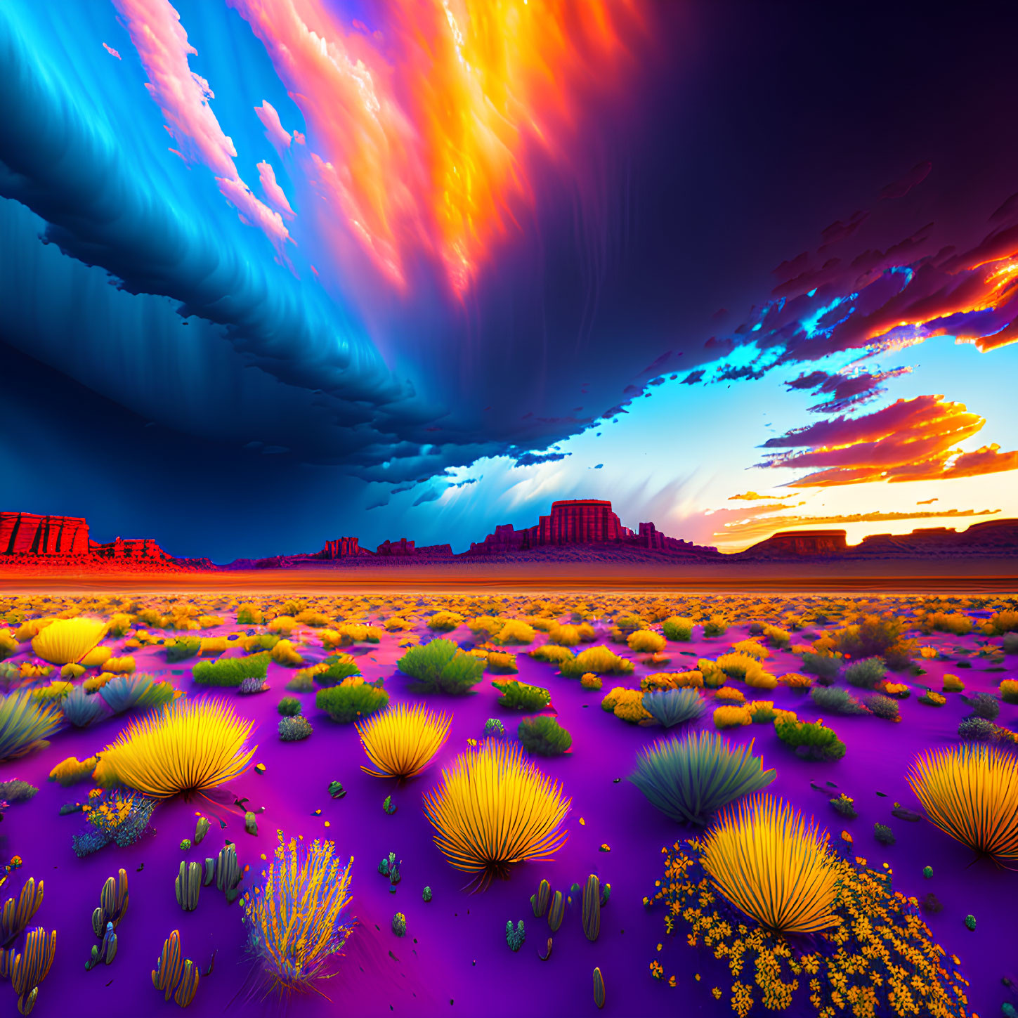 Colorful landscape with purple fields, yellow wildflowers, and red rock formations.