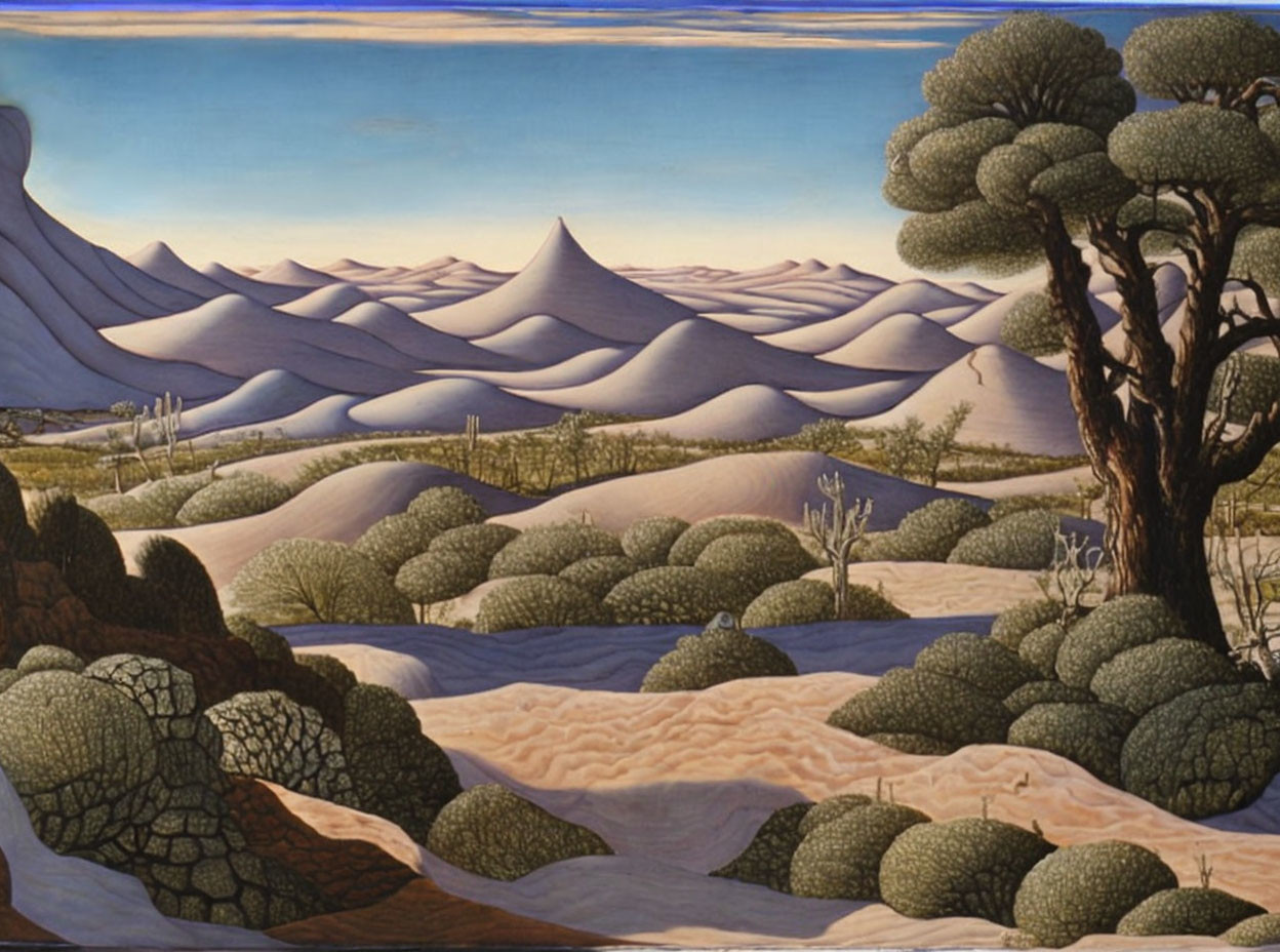 Surreal landscape painting with sand dunes, blue sky, and textured trees.