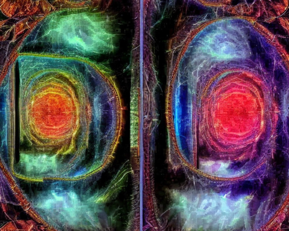 Symmetrical abstract digital art with vibrant colors and mystical eye-like patterns