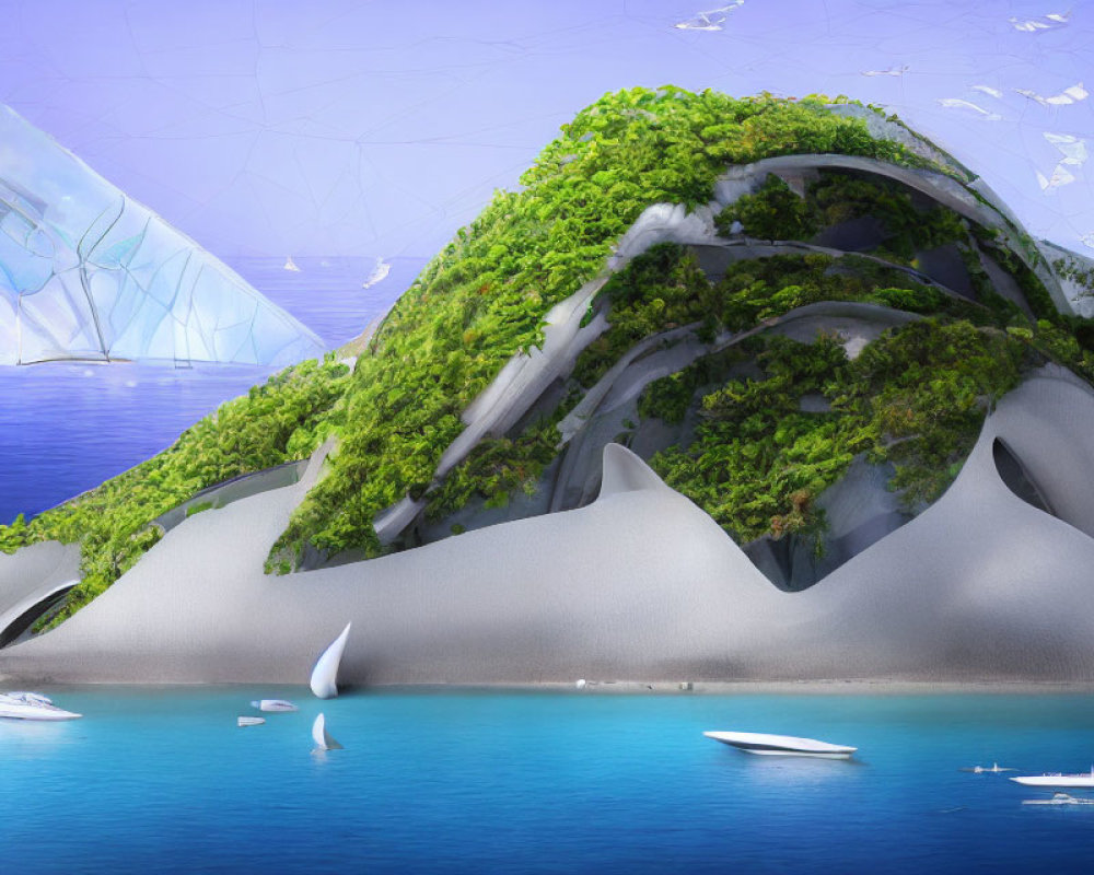 Green-covered futuristic architecture by the coast with boats and a translucent dome.