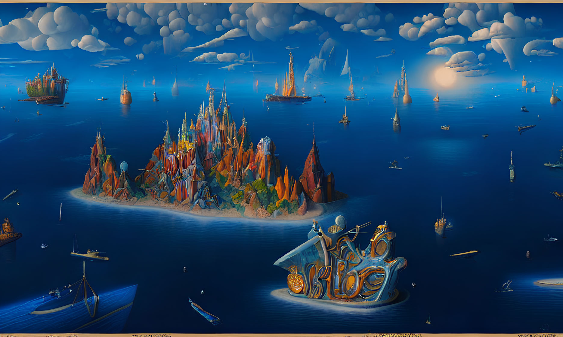 Maritime scene with island city, ornate ships, surreal sky