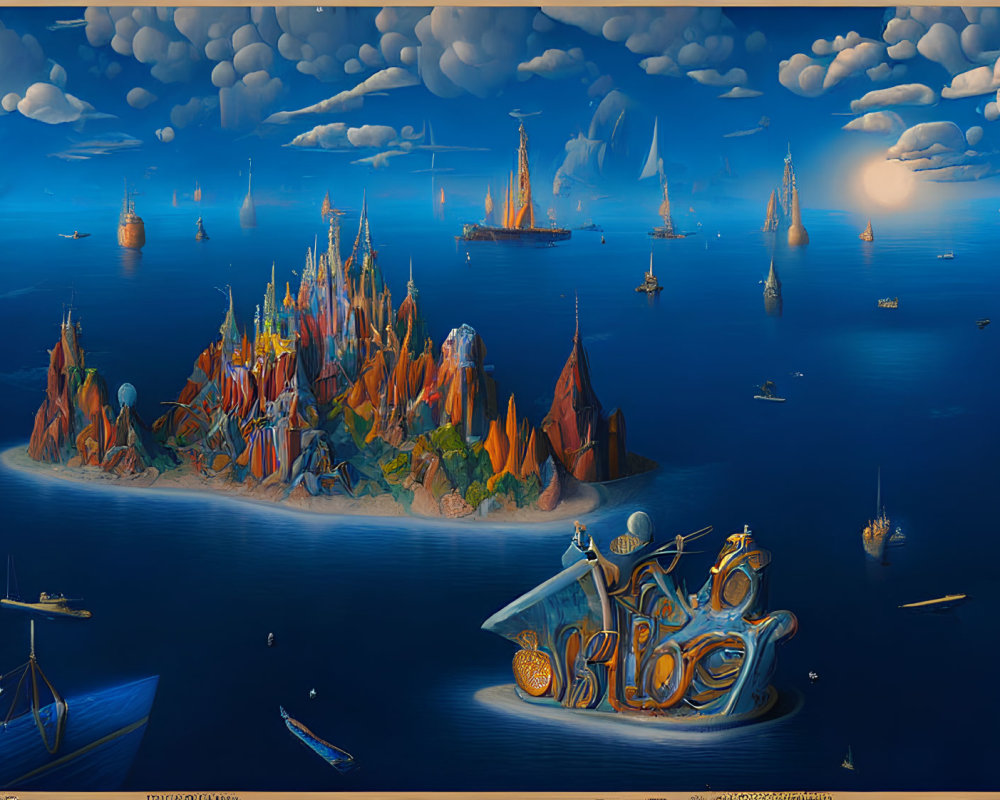 Maritime scene with island city, ornate ships, surreal sky