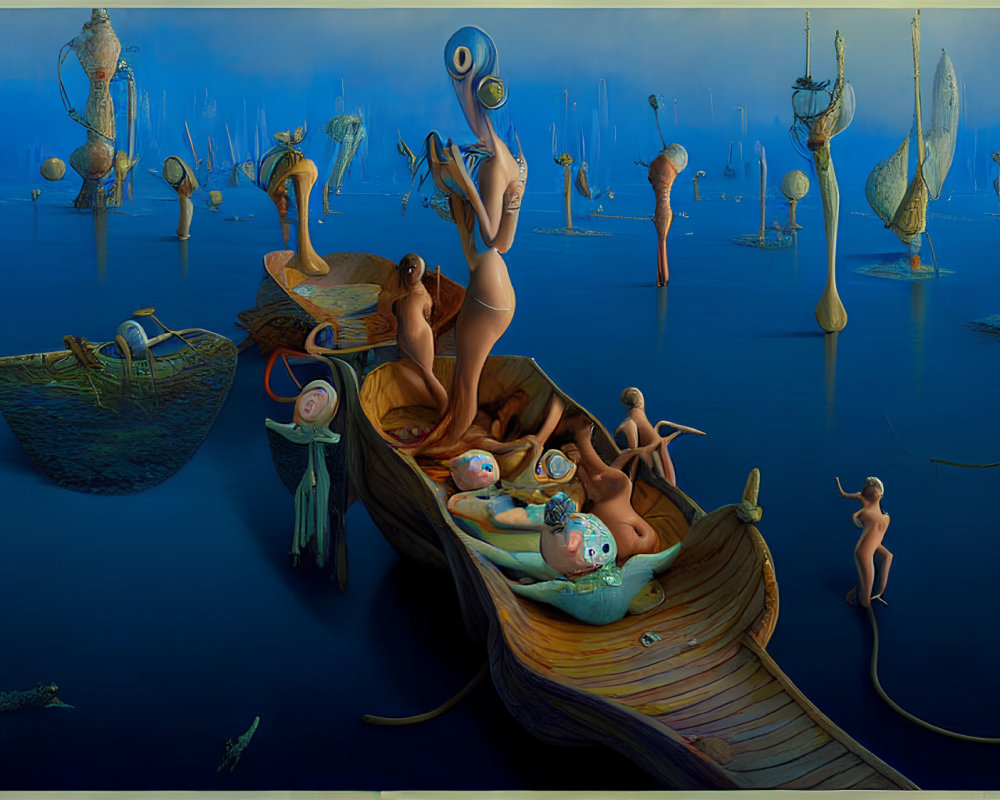 Surreal humanoid figures in blue dreamscape with abstract beings on boats