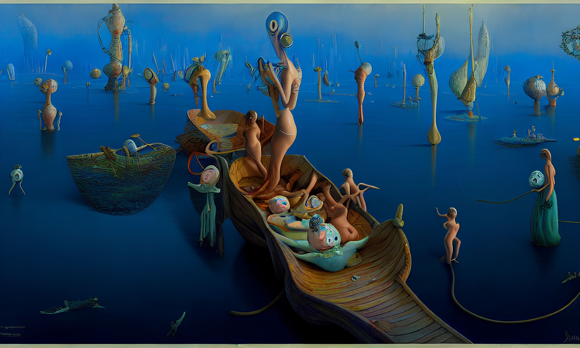 Surreal humanoid figures in blue dreamscape with abstract beings on boats