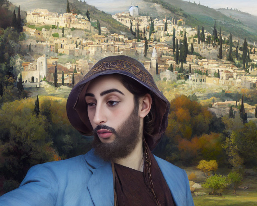 Bearded person in hat against hillside town backdrop