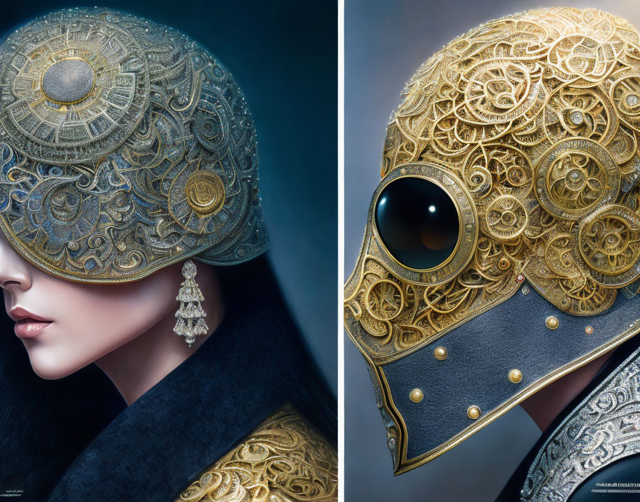 Profile portrait of a woman in ornate golden helmet and elegant jewelry