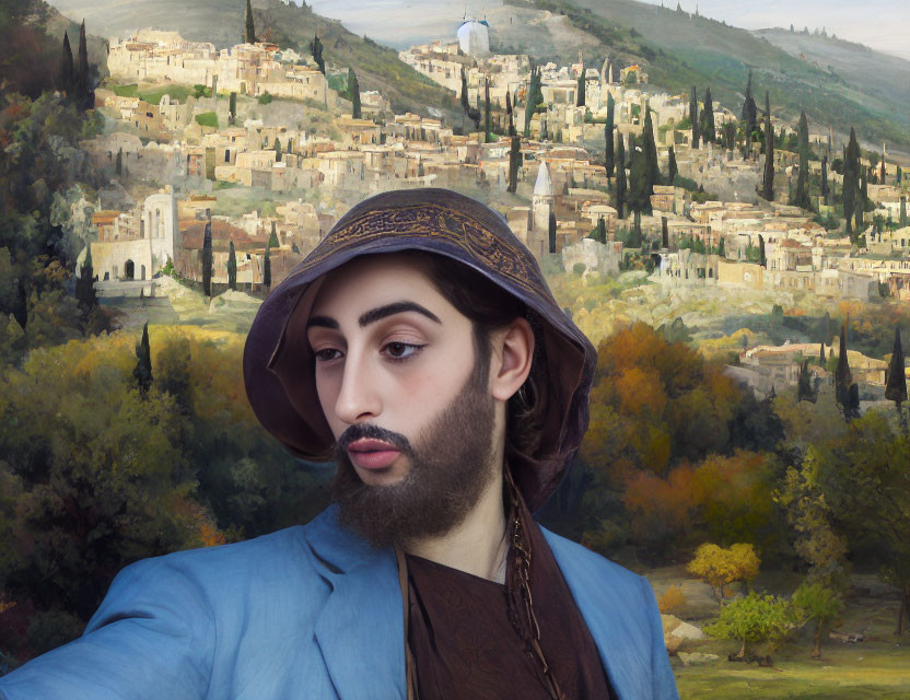 Bearded person in hat against hillside town backdrop