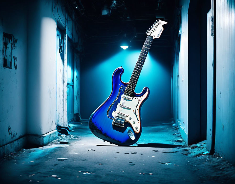 Blue and Purple Electric Guitar in Dimly Lit Grungy Corridor