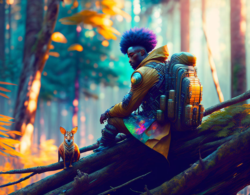 Colorful Mohawk and Futuristic Outfit in Luminous Forest with Fantastical Creature