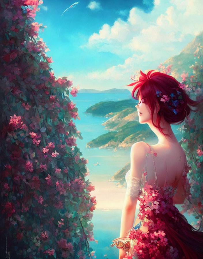 Red-haired woman by blooming bush near tranquil bay with boats and green hills under blue sky