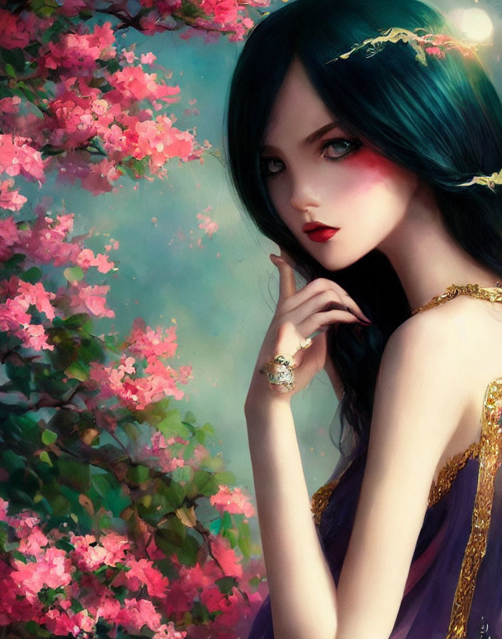 Digital artwork featuring woman with pale skin, red lips, dark hair, pink blossoms