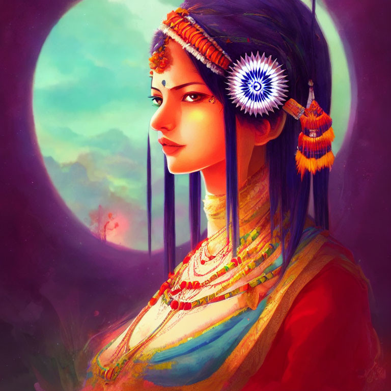 Traditional Indian Woman Illustration with Moon and Warm Colors