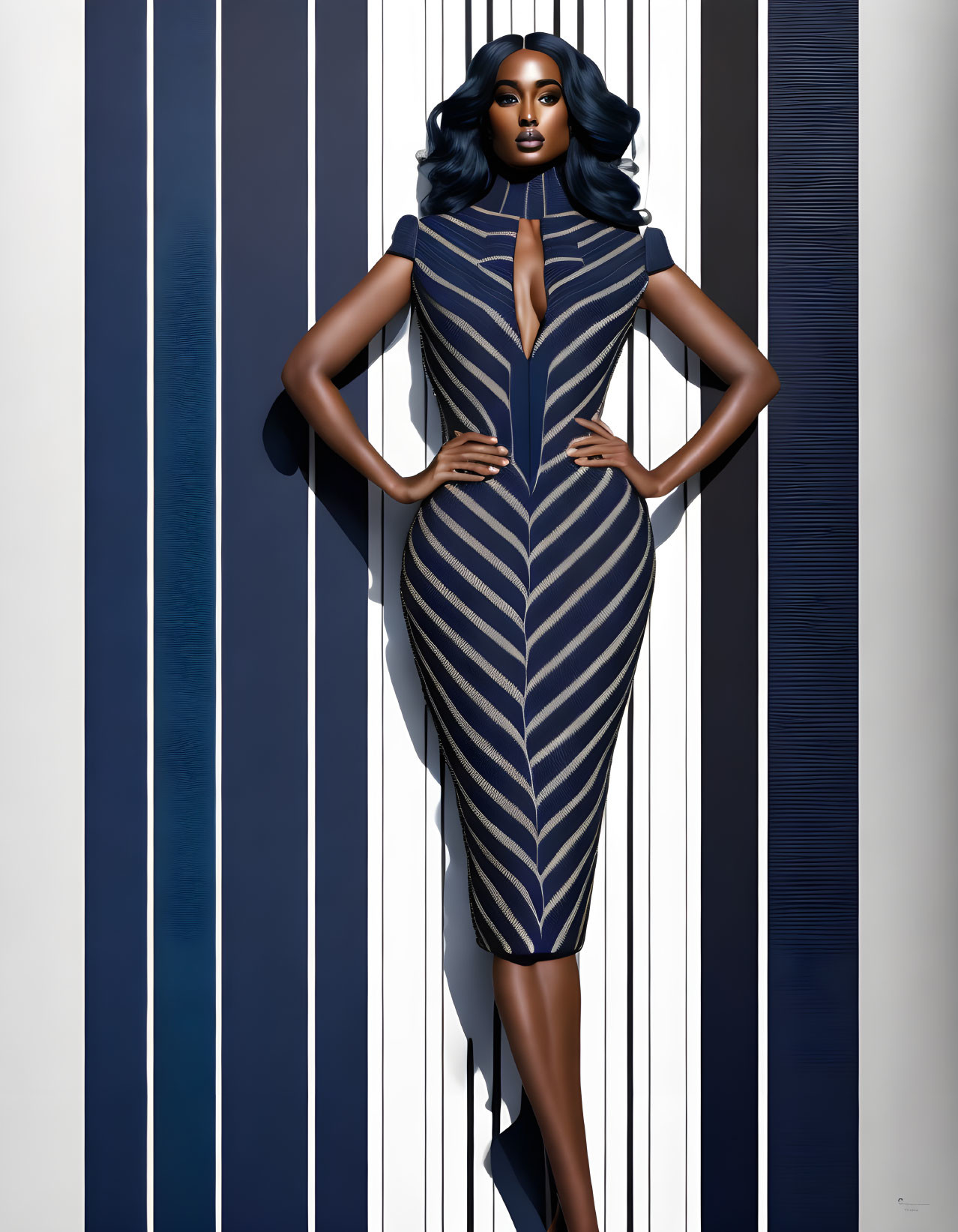 Stylized illustration of woman with dark blue hair in fitted, striped dress