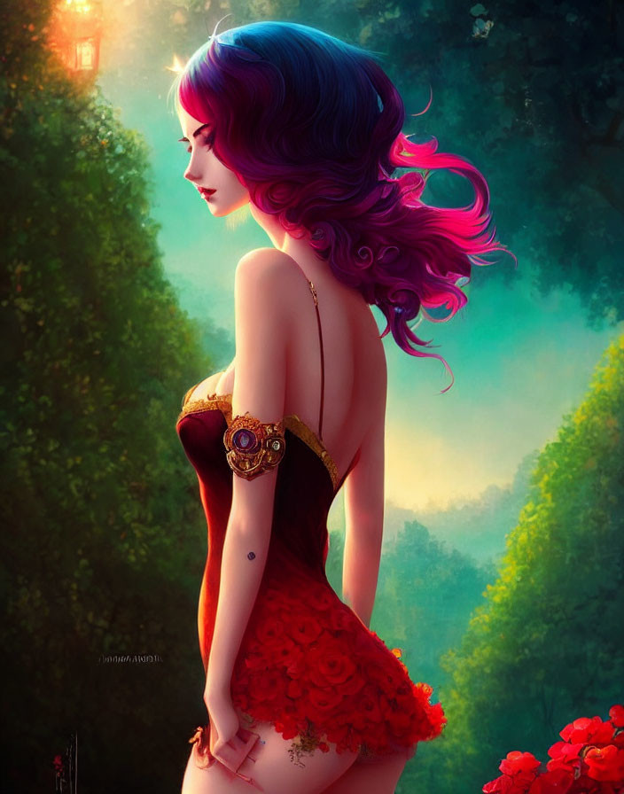 Digital illustration: Woman with purple hair in red floral dress among lush green backdrop