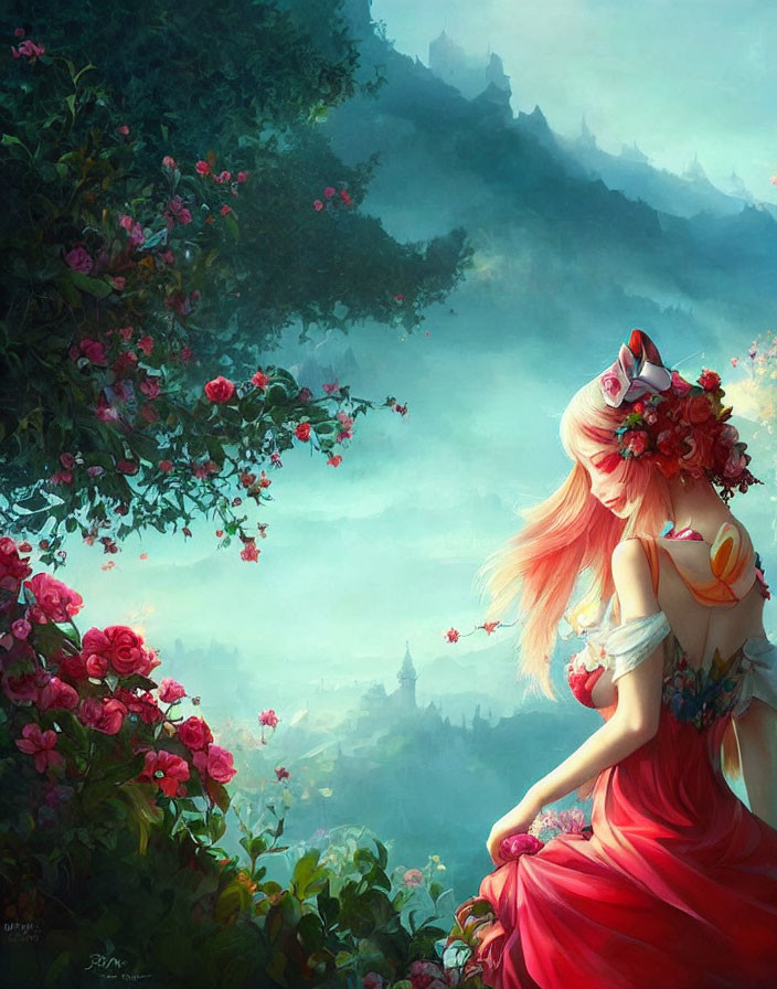 Pink-haired woman in red dress surrounded by flowers in misty castle landscape