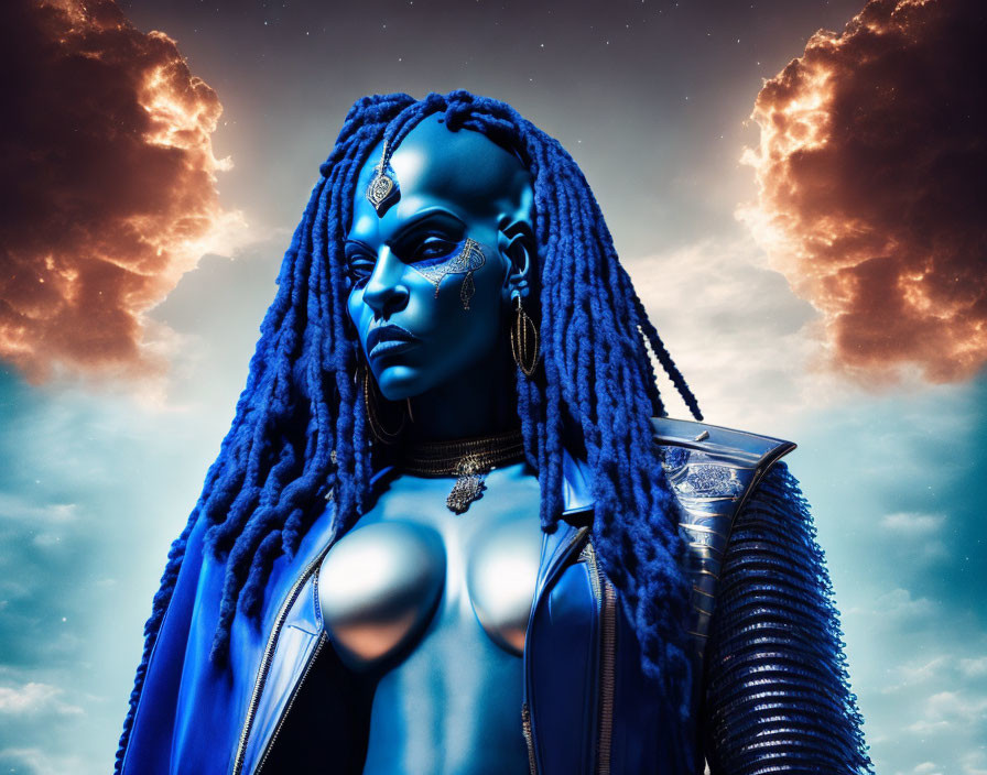 Blue-skinned woman with braided hair in tribal jewelry and futuristic shoulder armor gazes intensely under glowing