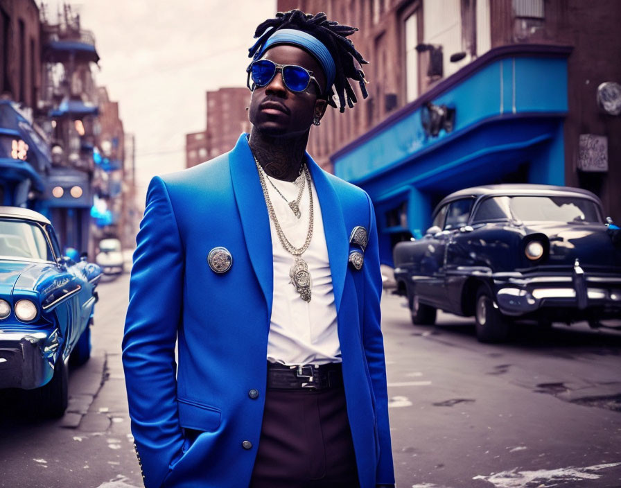 Confident man in blue blazer and sunglasses on city street with vintage cars.