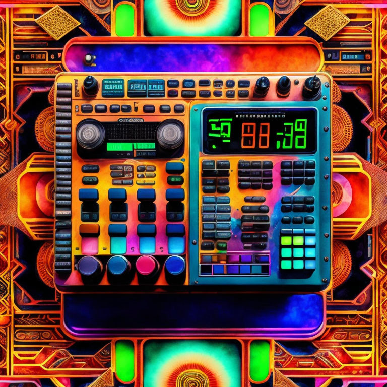 Colorful Abstract DJ Mixing Console with Knobs and Digital Screen