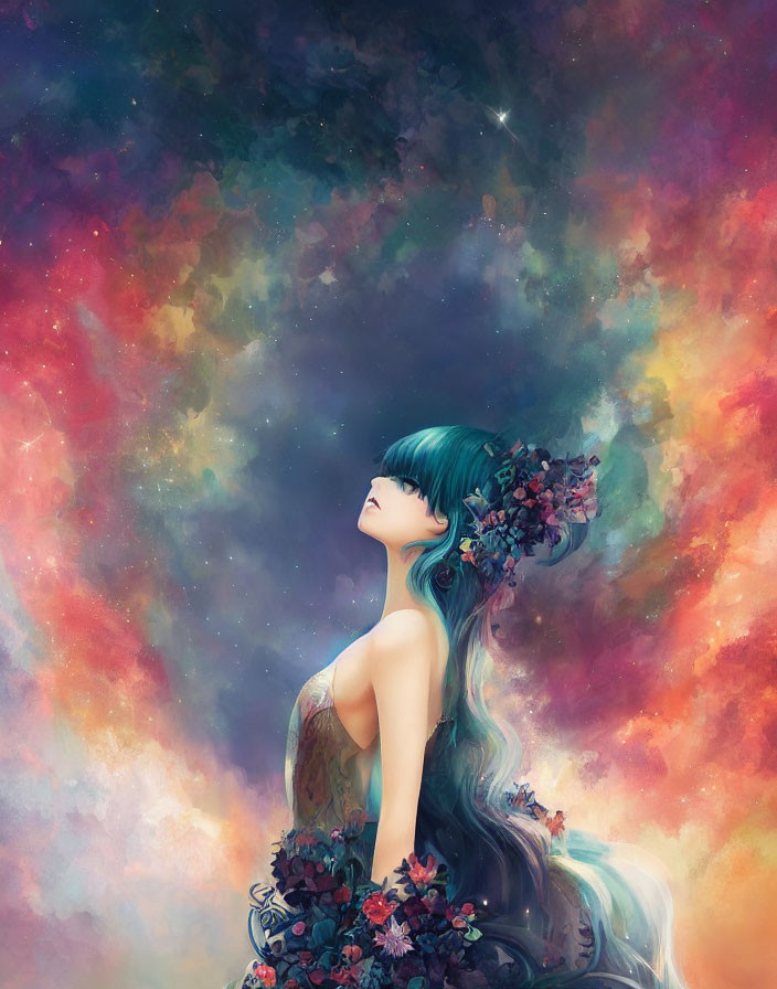 Surreal illustration of woman with green hair and cosmic background