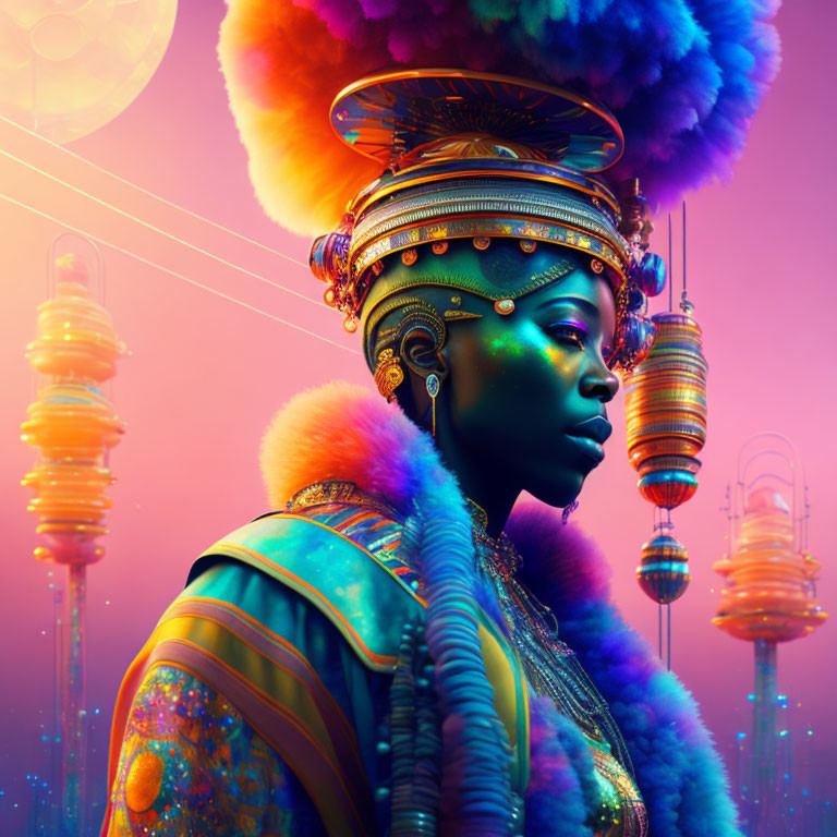 Futuristic African woman in elaborate attire against neon-lit cityscape